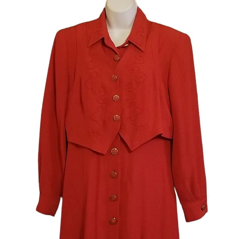 Howard Wolf Maxi Dress 12 Detachable Vest Long Sleeve Trim Buttons Red Vintage - Picture 1 of 15